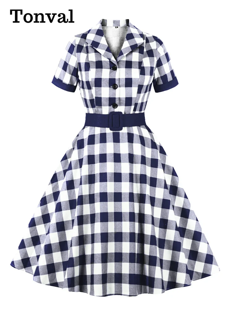 Tonval Women Cotton Rockabilly Vintage Belt Dress Turn-Down Collar Short Sleeve A-Line Summer Dresses Solid and Plaid
