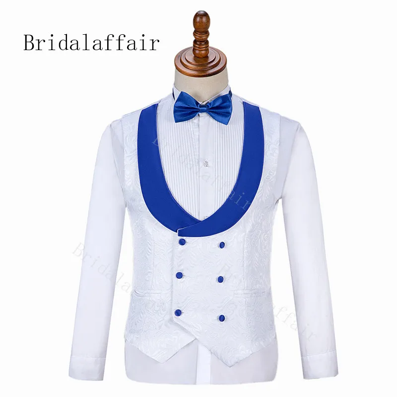 Bridalaffair 화이트 자카드 턱시도 Groomsmen 웨딩 정장 3 조각 세트 다채로운 레드 부르고뉴 블랙 블루 옷깃 바지 의상