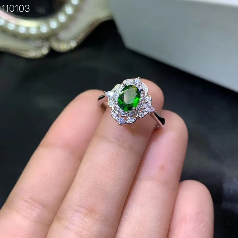 fashion green diopside gemstone ring for girl 925 silver jewelry birthday party anniversary gift natural gem clear green color