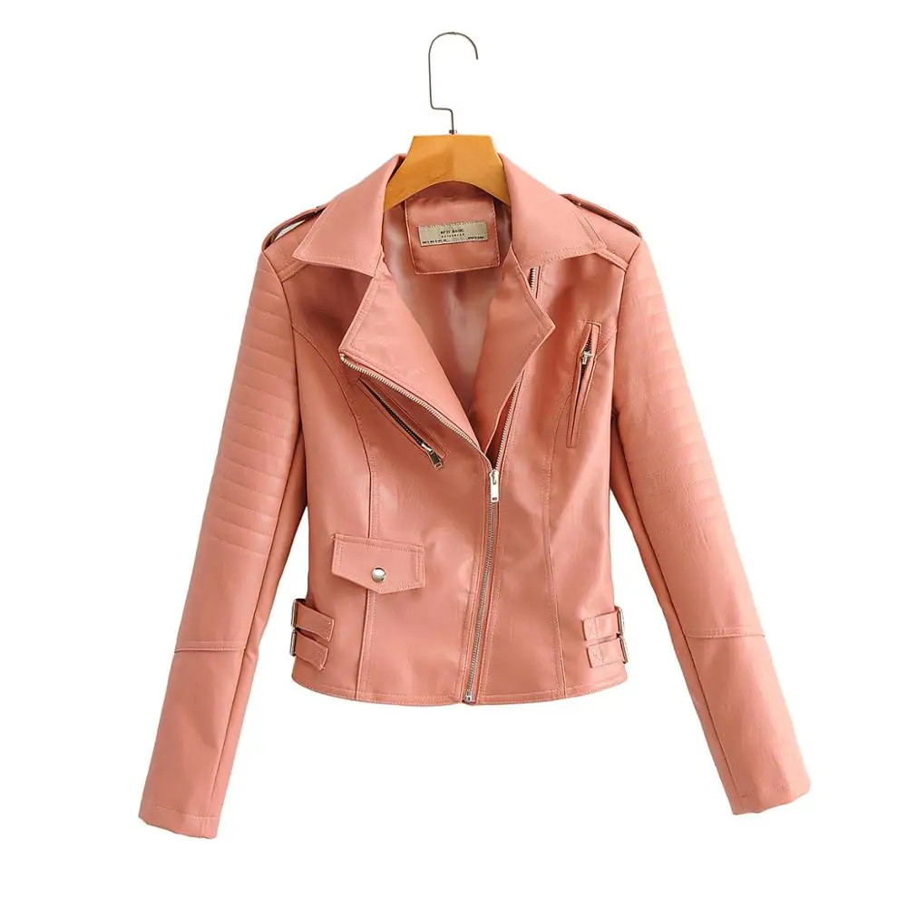 Nice Hot Vogue Women Spring Autumn Soft Faux Leather Jackets Lady Motorcyle Zippers Biker Pink Coats Black Outerwear Hot Sale