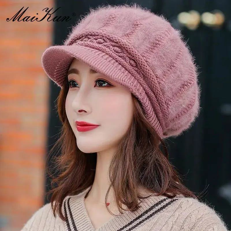 Maikun Hats For Women Autumn And Winter Casual Wild Rabbit Fur Duck Tongue Beret Winter Cold And Warm Knitted Woolen Cap