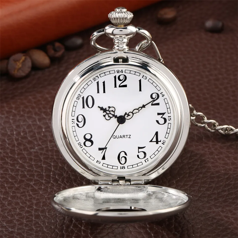 Smooth Silver Roman Numerals Half Hunter Quartz Pocket Watch Digital Analog Display Round Dial Antique Fob Clock Unisex Gifts