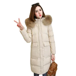 Winter Coat Women Korean Fur Hooded Jackets Nice Pop Vogue Loose Long Slim Black Beige Chic Down Cotton Warmth Clothing LD1229