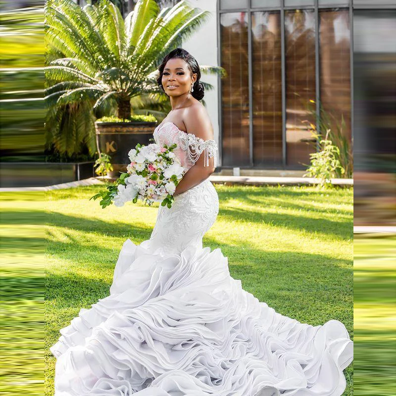 Arabisch Aso Ebi Mermaid Trouwjurken Uit De Schouder Kralen Applicaties Plus Size Bridal Dress Ruches Vestidos De Novia