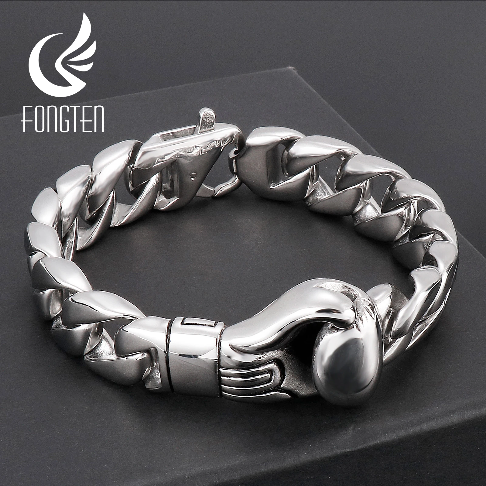 

Fongten Boxing Gloves Bracelets For Men Black Silver Color Stainless Steel Cuban Link Chain Men Bangle Hip Hop Curb Jewelry