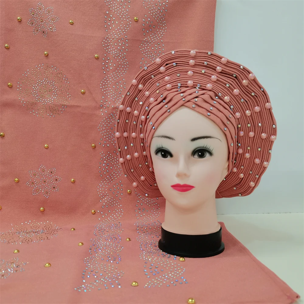 Żółty, afrykański krawat głowy nigeryjczyk Gele Headtie Turban Femme głowa kobiety Wrap haft duży szal dubaj tkaniny wysokiej jakości 2 sztuk