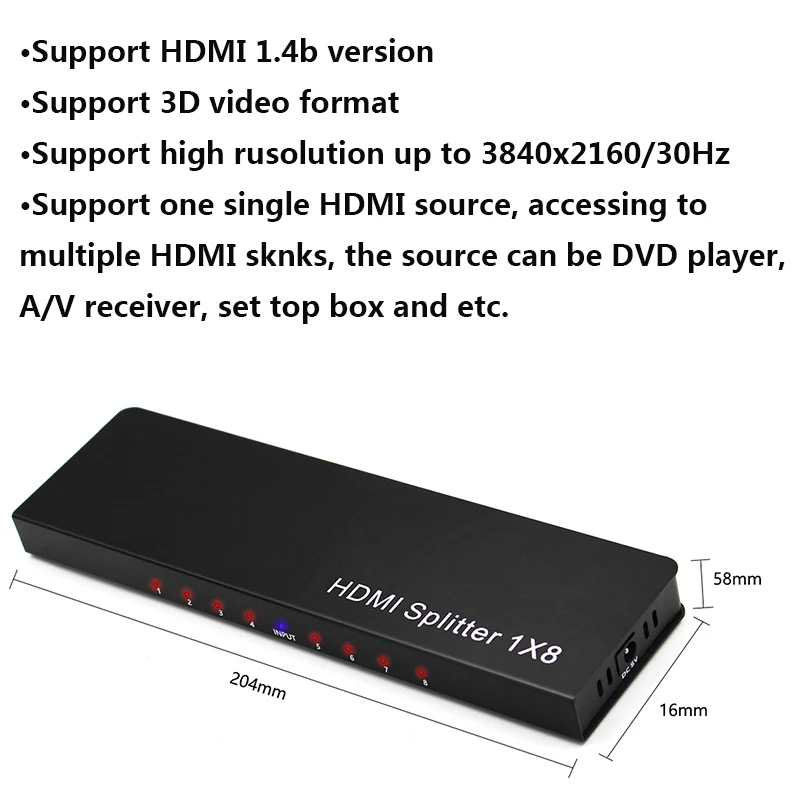 hdmi splitter Ultra HD 8 Port 1 In 8 Out 1x8 HDMI Splitter Audio Video 1080P For HD HDTV 3D DVD (US OR UK OR EU OR AU Plug)