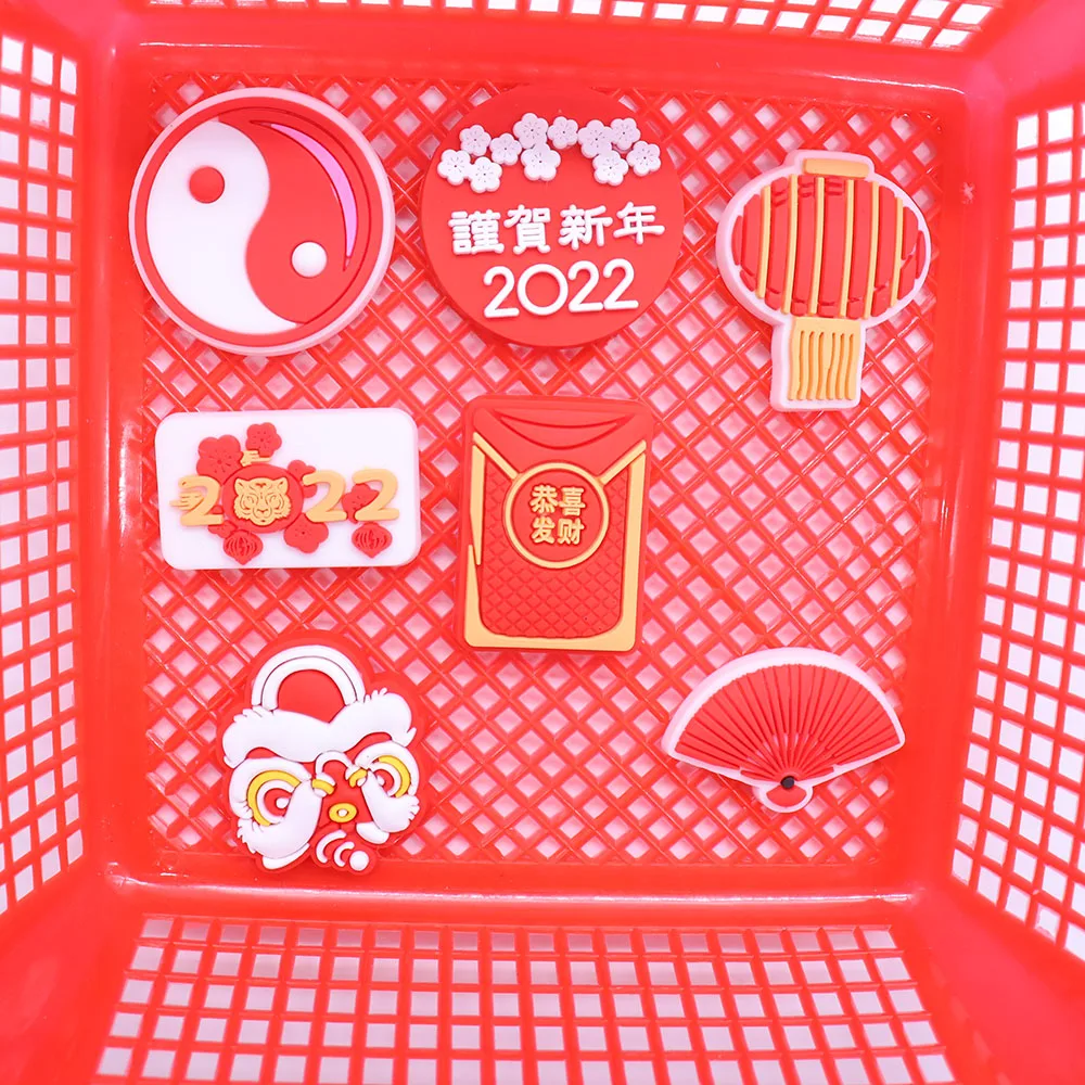 1PCS PVC Cartoon Shoe Charms Chinese Lantern Paper Folding Fan Red Envelope Tiger Happy New Year Shoes Decoration Buckle Gift