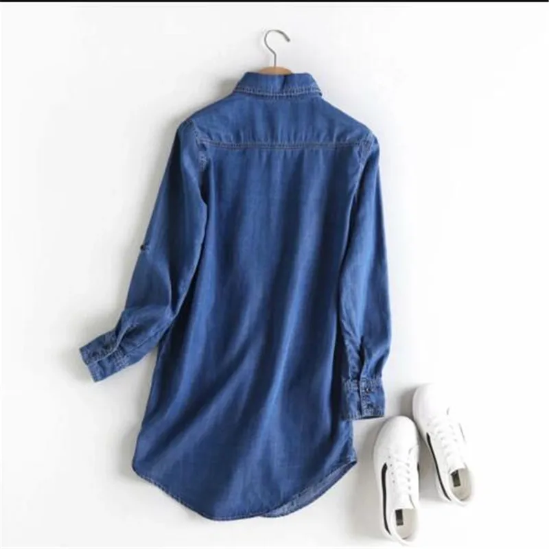 Frauen Bluse Frühling Herbst Casual Shirts Mid-länge Langarm Denim Jeans Tops Casual Frauen Shirt Blusa Mujer Plus größe S ~ 3XL