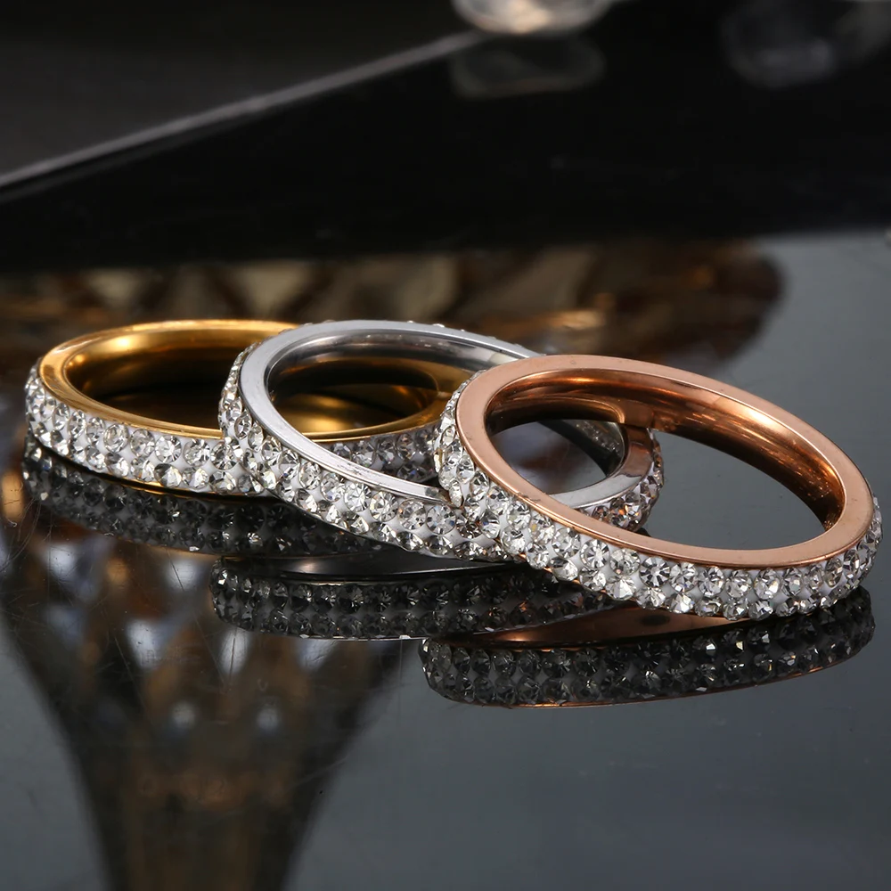 New Authentic Stainless Steel Female Finger Rings Gold Color Engagement Jewelry Women\'s Wedding Rings Party Gift 2019 3mm Width