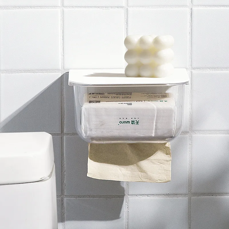 

Bathroom Non Perforated Wall Mounted Transparent Waterproof Tissue Box Wall Mounted Suction Box Roll Paper Storage Box Napkin Bo