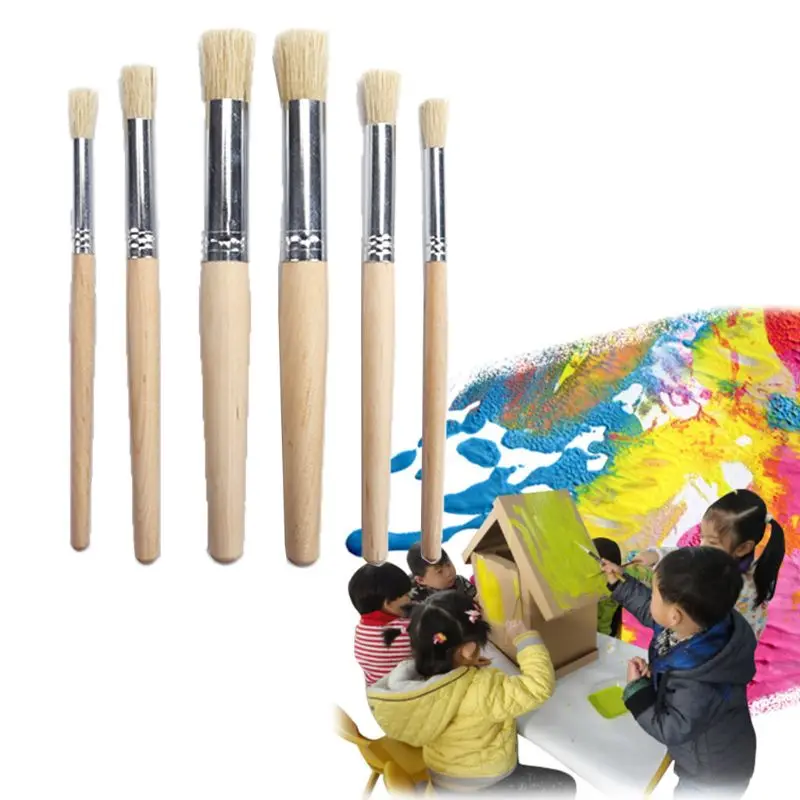 6pcs/set Watercolor Painting Stencil Brush Different Size Wooden Handle Kids Student Art Supplies