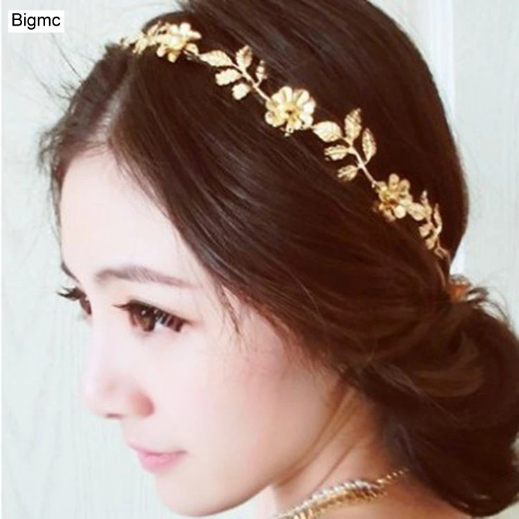 Women Flower Head band Fashion gold color Leaves Elastic Solid Printing Cute Bride Hair Band Wedding Party gift Jewelry A5048