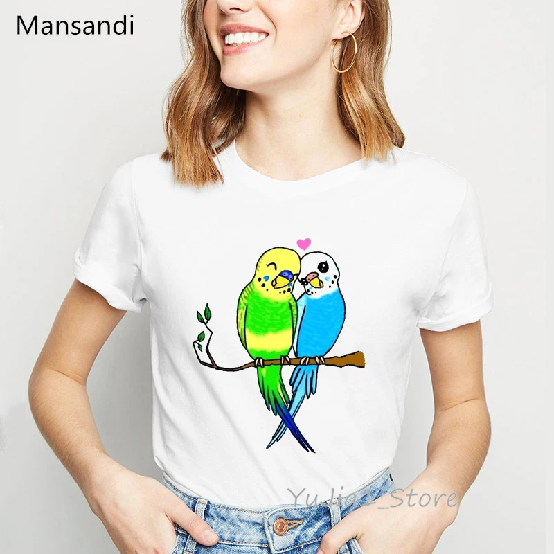 Colorful Birds Love Rainbow Print T-Shirt Women Clothes 2024 Chubby Cockatiels Funny T Shirts Femme Harajuku Kawaii Shirt Tops