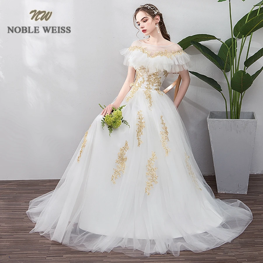 Wedding Dresses O-neck Tulle A-line Gold Appliques Wedding Dress Sexy Floor-length Bridal Dresses with Cap Sleeves Wedding Gown