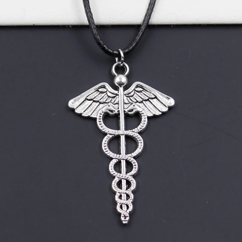 Fashion Caduceus Medicine Symbol Tibetan Pendant Necklace Choker Charm Black Leather Cord Factory Price Handmade Gift