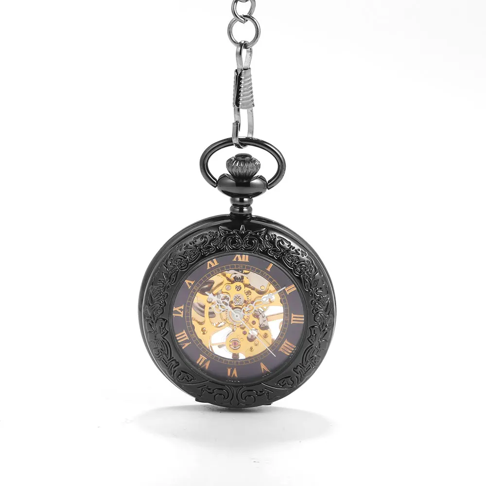 Black transparent carved mechanical pocket watch bronze pocket watch retro gift personality creative black face quartz pocket wa