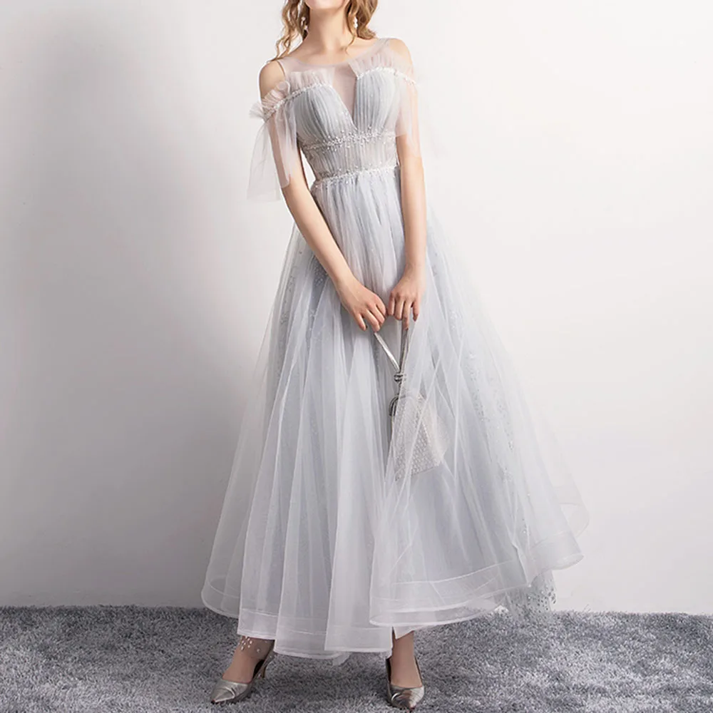 

D282 New In Fashion Silver Boat-Neck A-Line Tulle Formal Evening Dresses/Bridal Wedding Party Prom Gowns Beading Free Shipping