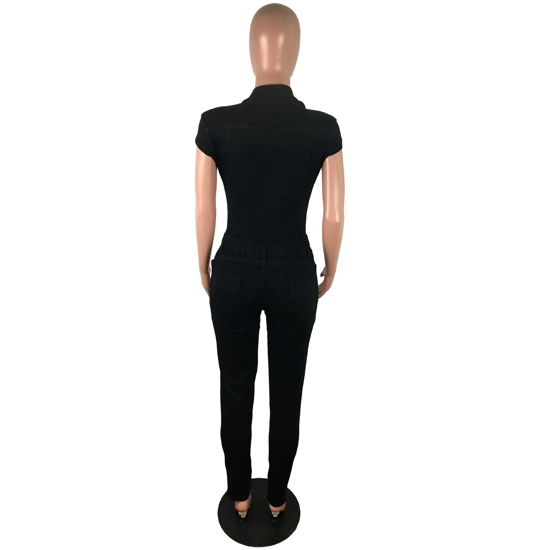 Preto jeans macacão feminino casual turn down collar manga curta denim macacão mulher moda único-breasted uma peça bodysuit