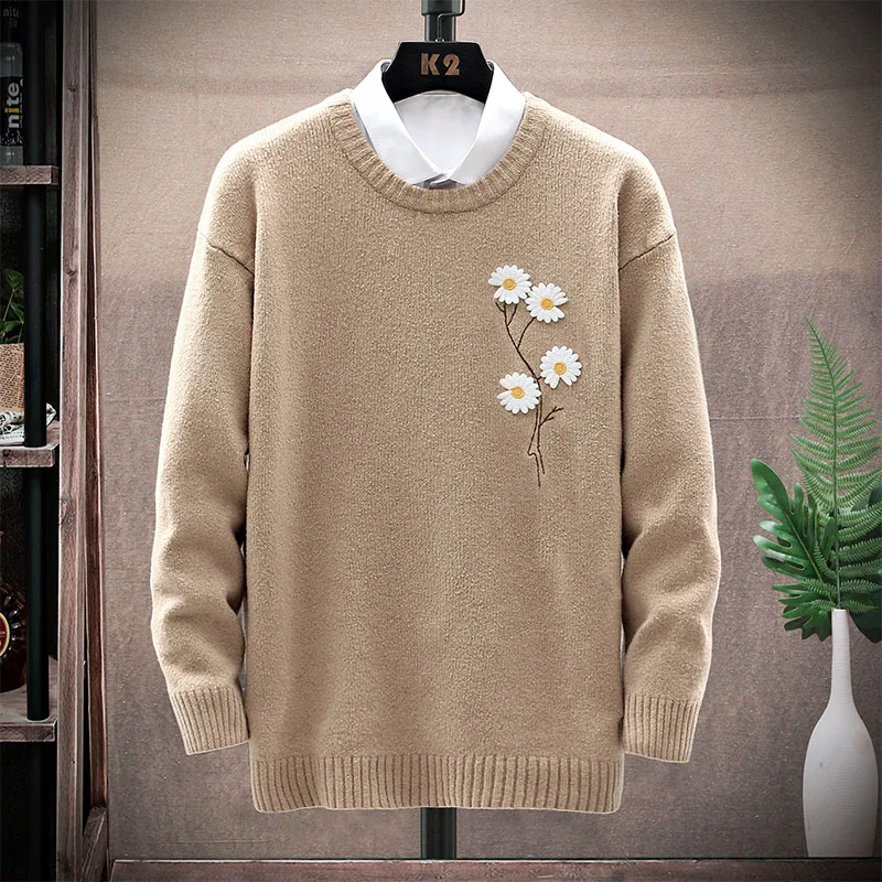 Brand Fashion Men Casual Sweaters Flower Embroidery Male Korean Knitted Pullovers Black White Khaki Spring Winter Size M-3XL