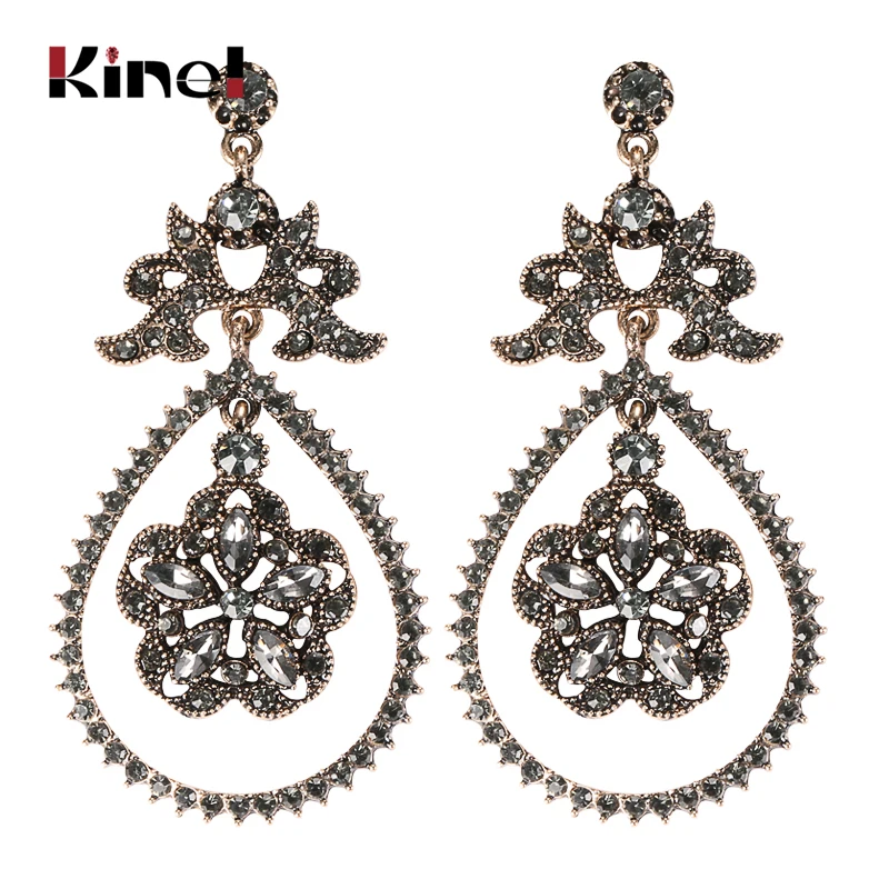 Kinel Luxury Gray Crystal Flower Bridal Earrings For Women Antique Gold Beach Party Water Drop Drop Earrings Vintage Jewelry