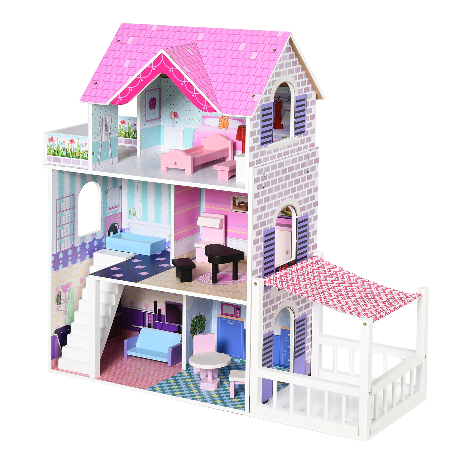 HOMCOM 3-story Dollhouse With Patio Furniture Full Accessories House Wooden Doll Toys 86x30x87 cm Pink