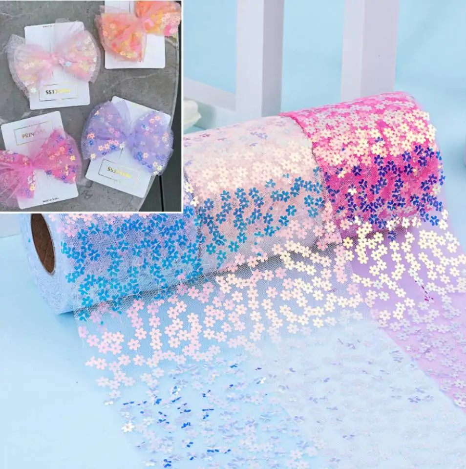 10 yards/roll 6cm/8cm/10cm/12cm DIY handmade material headdress colorful sequin bow holiday party decorative tulle ribbon