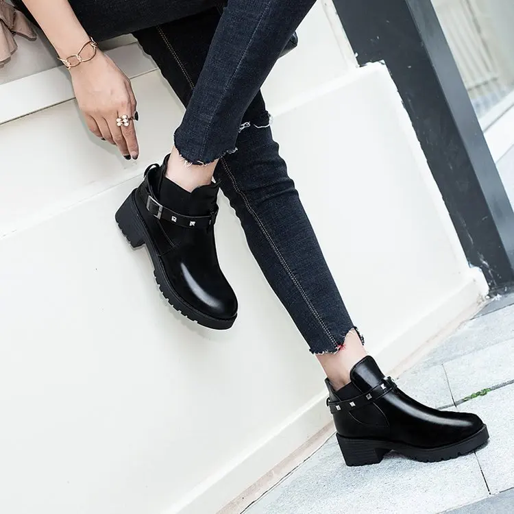 Autumn Winter boots women Leather Low Block Heel Wild thick heel Ankle Boots Shoes Waterproof Black Platform Block Heel Shoes