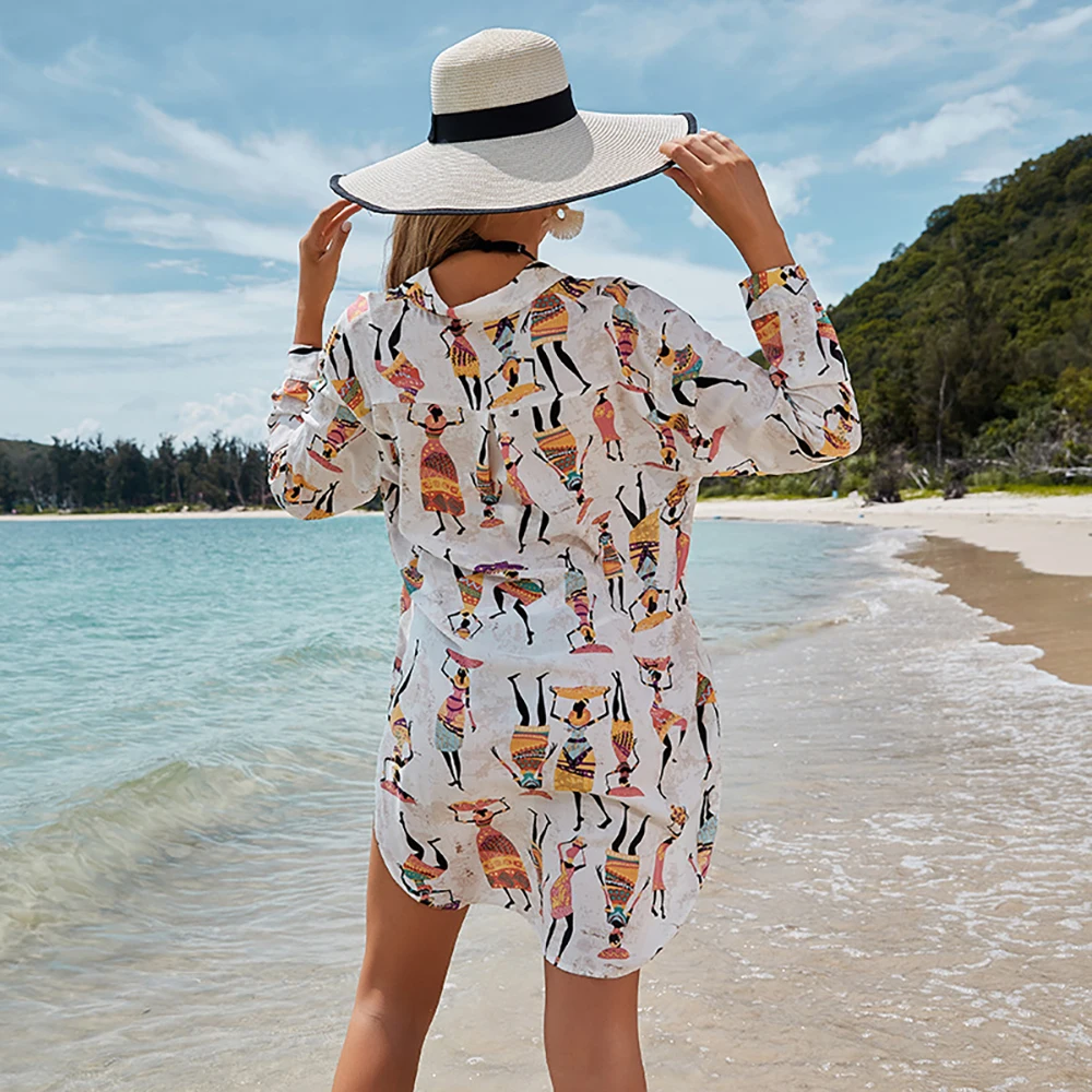 Beach Outing Cartoon Style Printed Bikini Blouse Cover Up Loose  Shirt Pareo Summer Women Swimsuit Beachwear Cardigan