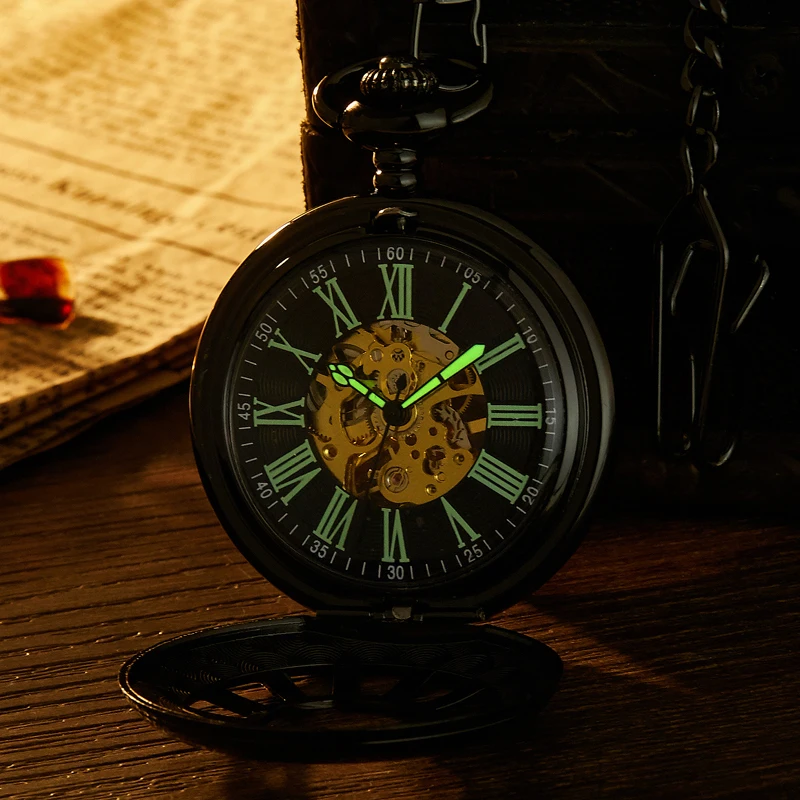 Luminous Flower Mechanical Vintage Hollow Skeleton Pocket Watch Black Round Dial Antique Pendant Clock Retro Gifts Men Women