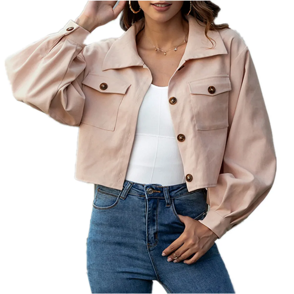 

Pink Casual Slim Jacket Women Autumn Solid Color Lantern Long Sleeves Cardigan Single Breasted Short Style Pocket Jacket Coat