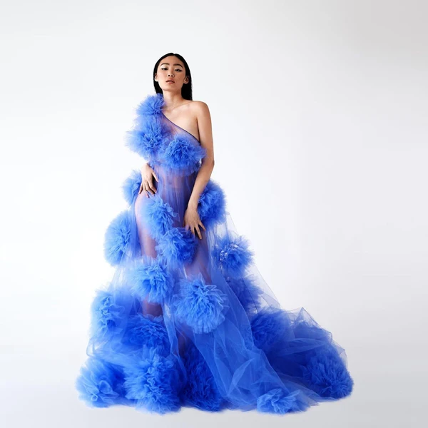 Sexy See Thru Royal Blue Long Tulle Dresses Pretty 3D Ball Shapes Ruffled Tulle Gowns One Shoulder Performance Dress Vestito