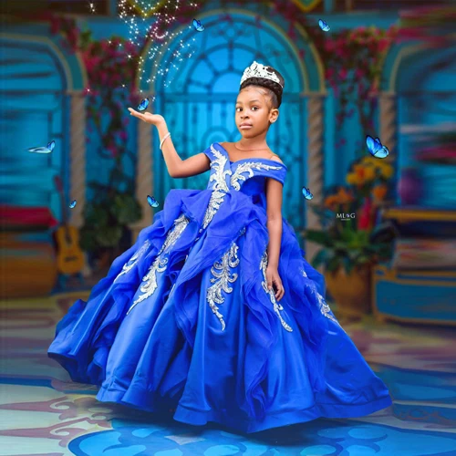 

Princess Royal Blue A-Line Girls Long Ball Gowns 2022 Lace Appliques Off Shoulder Floor Length Kids Dresses For Birthday Party