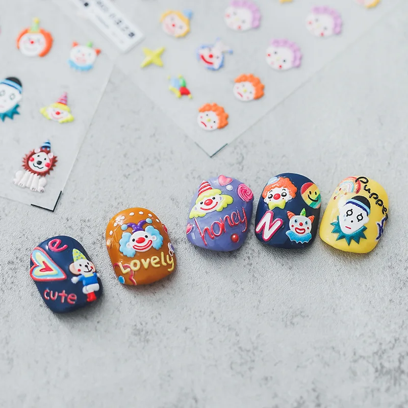 1 Sheet Funny Clown Naughty Circus Design Lovely 5D Soft Reliefs Self Adhesive Nail Art Stickers Decals Wholesale Dropshipping