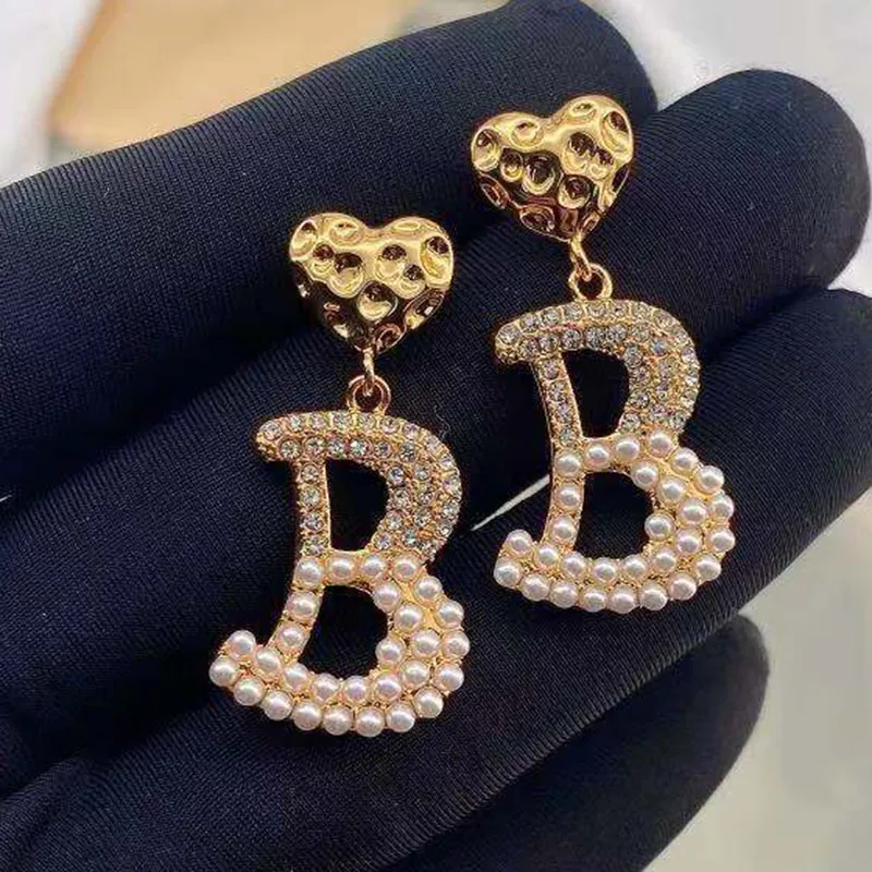 Letter B heart dangling earrings for women rhinestone pearl drop earrings luxury brand designer dupl jewelry streetwear vintage