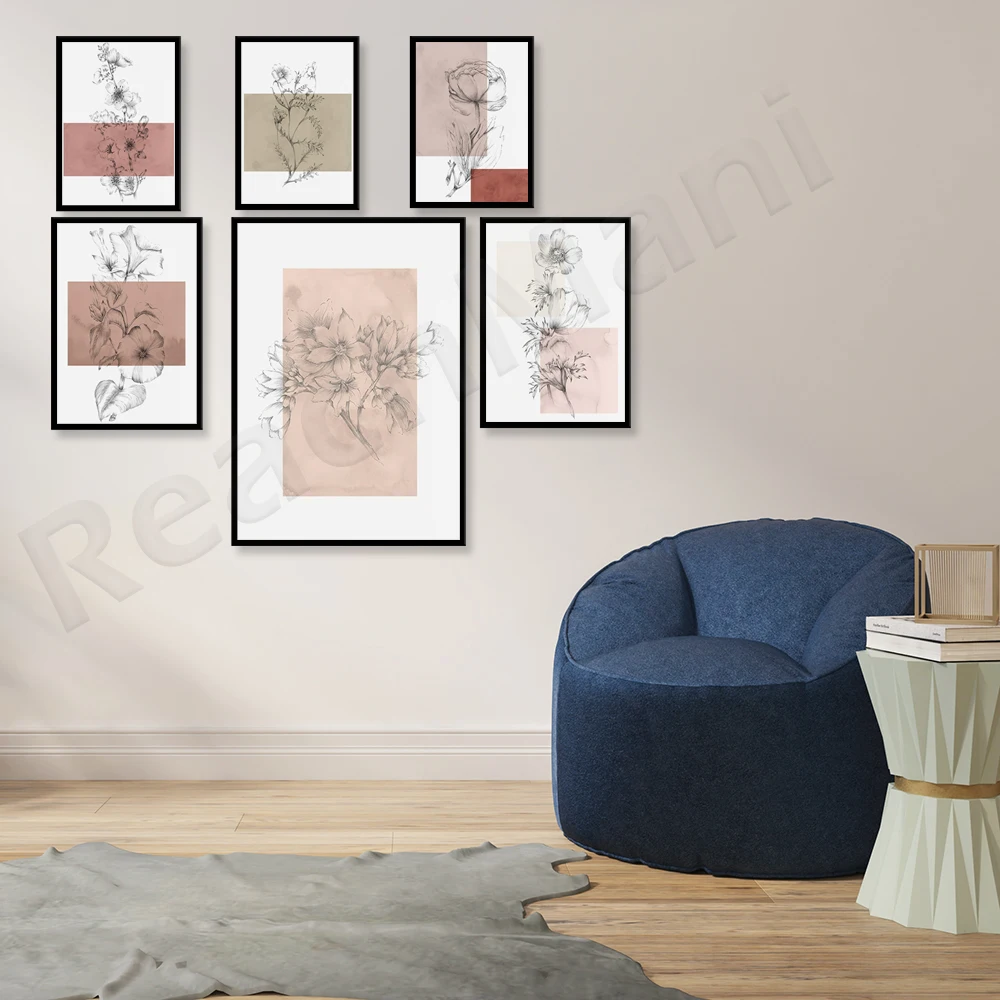 Gallery wall 6 pieces of plant art prints | plant prints | blush rose design | plant art flower prints painting posters