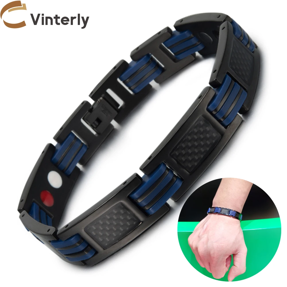 Vinterly Magnetic Men Bracelet Blue Silicone 12mm Health Energy Chain Link Black Carbon Fiber Stainless Steel Jewelry Male