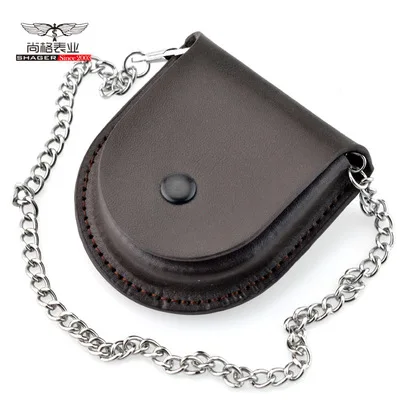 Male PU Leather Cover With Chain Fashion Vintage Classic Cusual Pocket Watch Box Holder Case Purse Bag