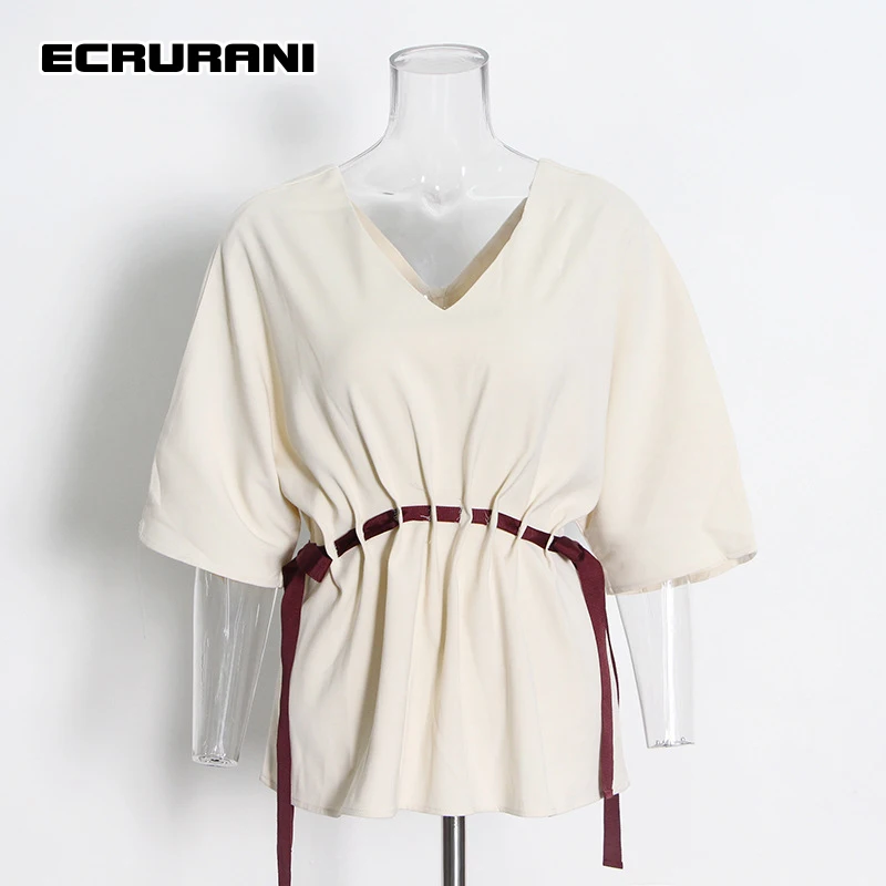 ECRURANI Casual Shirts For Women Plain V Neck Gathered Waist Lace Up Shirred Half Sleeve Blouses Female 2021 Autumn Clothing New