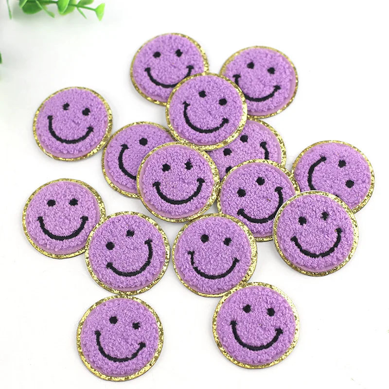 3 Colorful glitter gold rim Chenille Iron on Patches Embroider patch Towel Smile sticker for DIY school bag Applique Round Badge