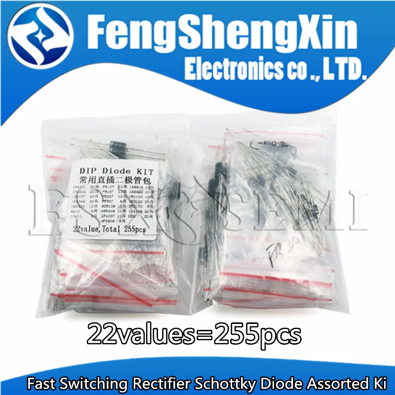 22values=255pcs Fast Switching Rectifier Schottky Diode Kit 1N4001 1N4004 1N4007 1N5408 UF4007 FR307 1N5819 1N5822 6A10 10A10
