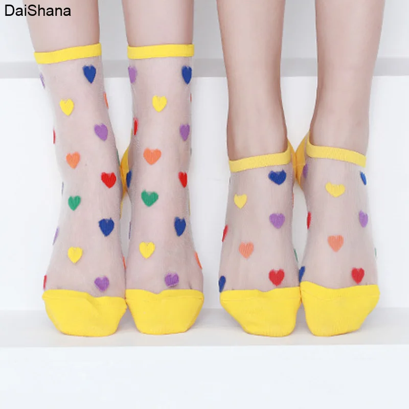 1 Pairs Summer New Ladies Korean Heart Love Tull Glass Silk Socks Women Lace Transparent Thin Mesh Colorful Nylon Sheer Socks