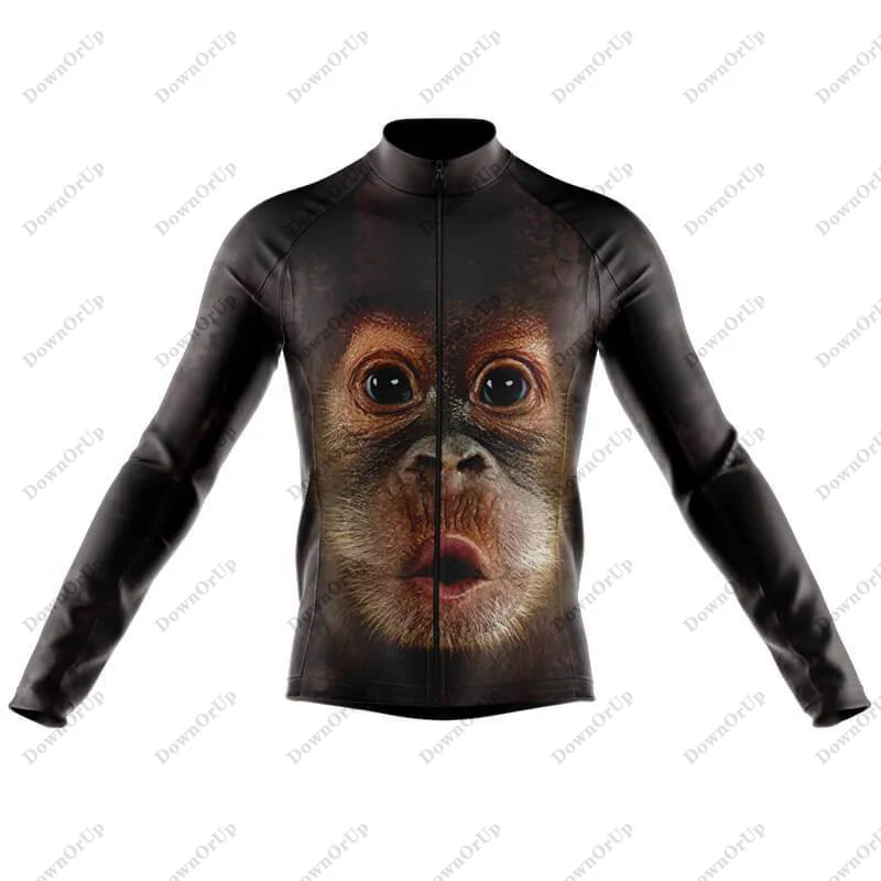 Monkey Face Cycling Jersey Set Men's Long Sleeve Winter Fleece&Thin Bib Pants Gel Breathable Pad MTB Bicycle Cloting Kit