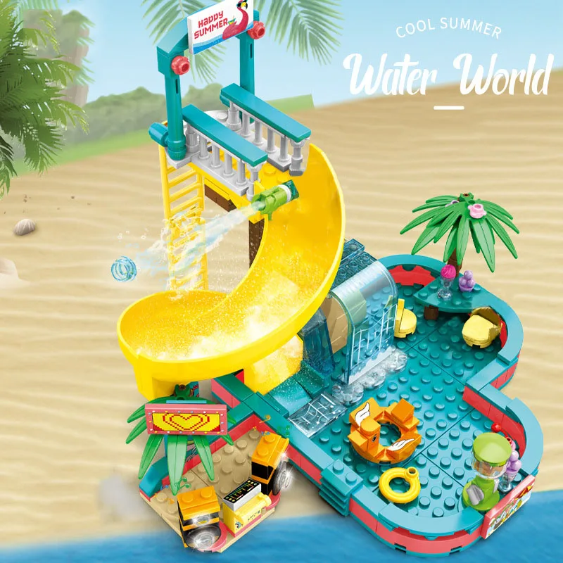 Friends Series 257Pcs Amusement Water Park Slide Model Building Blocks City Swimming Pool With Figures Bricks Toys Girl Kid Gift