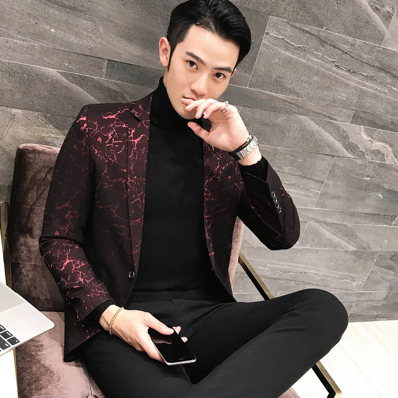 Luxury Party Prom Blazer Autumn Men Shinny Yarn Wine Red Blue Black Blazer Jacket Men Slim Fit Business Dress Suit Coat Jackets