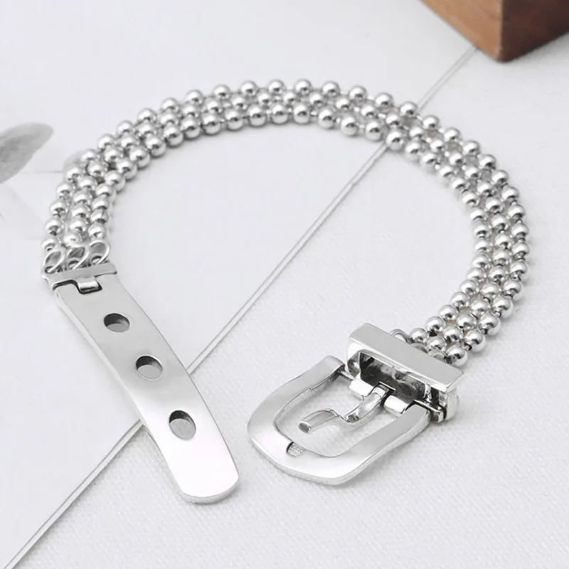 BFCLUB Silver Color Belt Buckle Bracelet New Fashion Vintage Punk Bead Chain Bangles Elegant Creative Party Jewelry Gift