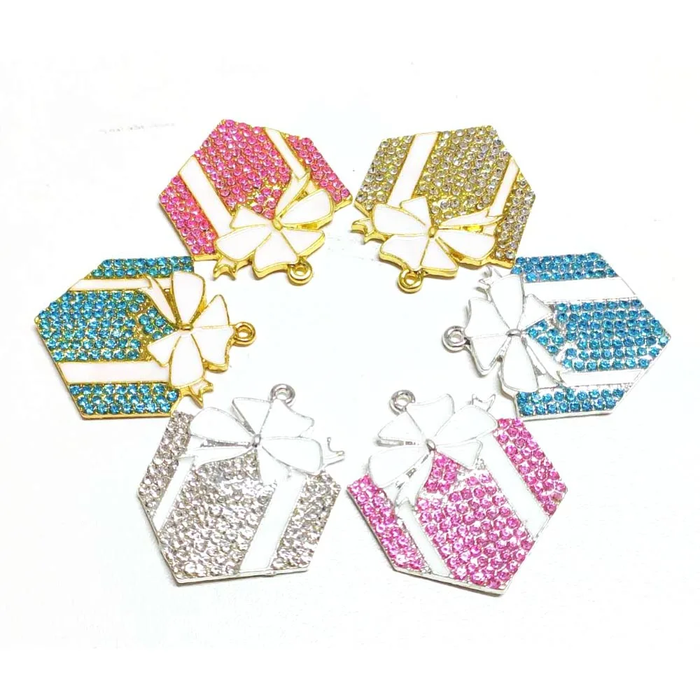 10pcs Colorful Rhinestone Bowknot Gift Box Charms for Women DIY Jewelry Making Accessories