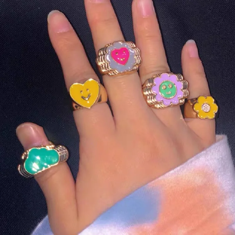 Trendy Korean Y2K Vintage Double Layer Heart Enamel Ring for Women Dripping Oil Color Contrast Heart Metal Rings Couple Jewelry