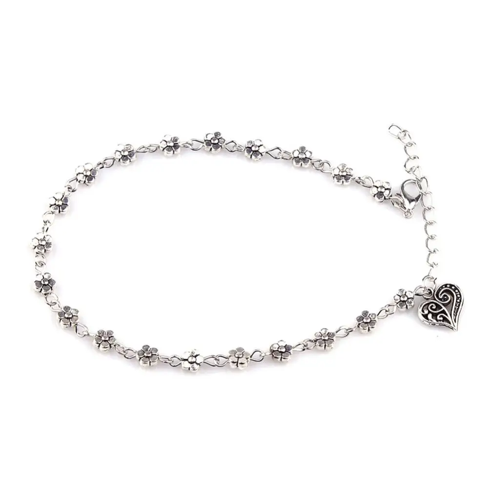 New Fashion Foot Chain Tibetan Silver Hollow Plum Flowers Heart-Shaped Anklet For Women