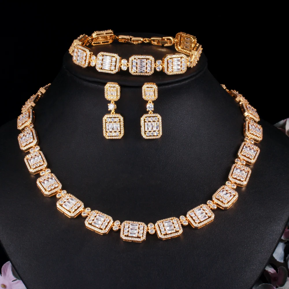 CWWZircons 3pcs Luxury Baguette CZ Bridal Wedding Necklace Earring Bracelet Dubai Gold Color Costume Jewelry Sets for Women T498